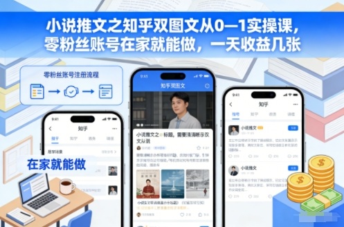 小说推文之知乎双图文从0—1实操课，零粉丝账号在家就能做，一天收益几张-旺仔资源库
