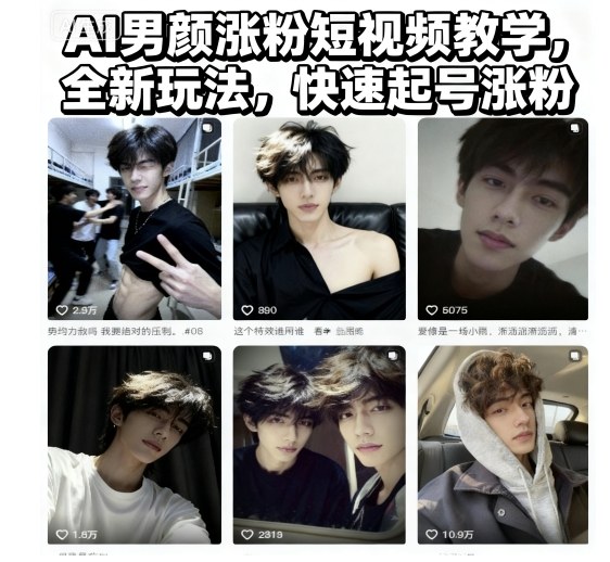 AI男颜涨粉短视频教学,全新玩法,快速起号涨粉-旺仔资源库