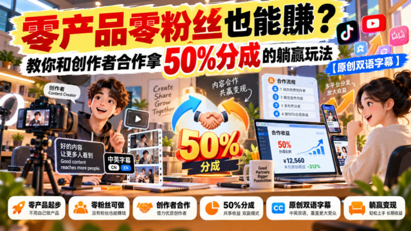 【无水印】零产品零粉丝也能賺?教你和创作者合作拿50%分成的躺赢玩法【原创双语字幕】-旺仔资源库