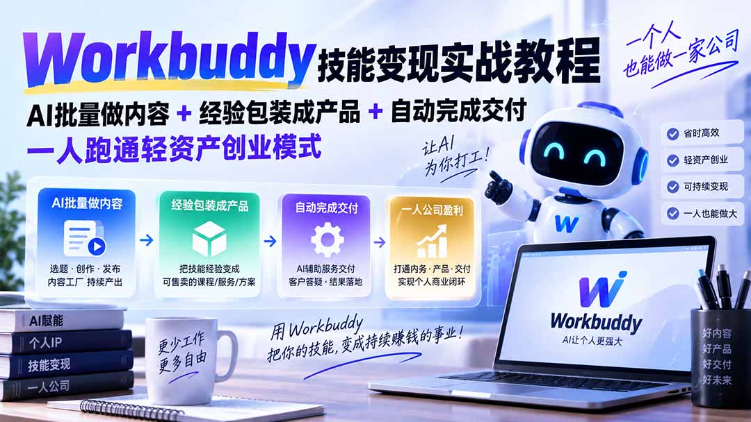 Workbuddy技能变现实战教程：AI批量做内容+经验包装成产品+自动完成交付，一人跑通轻资产创业模式-旺仔资源库