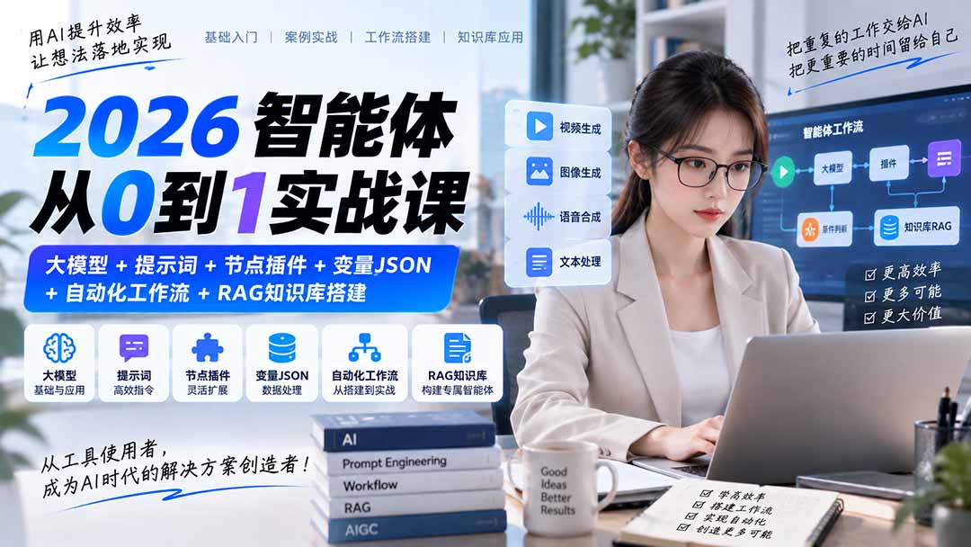 2026智能体从0到1实战课|大模型+提示词+节点插件+变量JSON+自动化工作流+RAG知识库搭建-旺仔资源库
