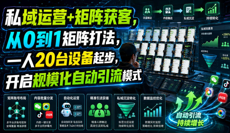 私域运营+矩阵获客,从0到1矩阵打法,一人20台设备起步,开启规模化自动引流模式!-旺仔资源库
