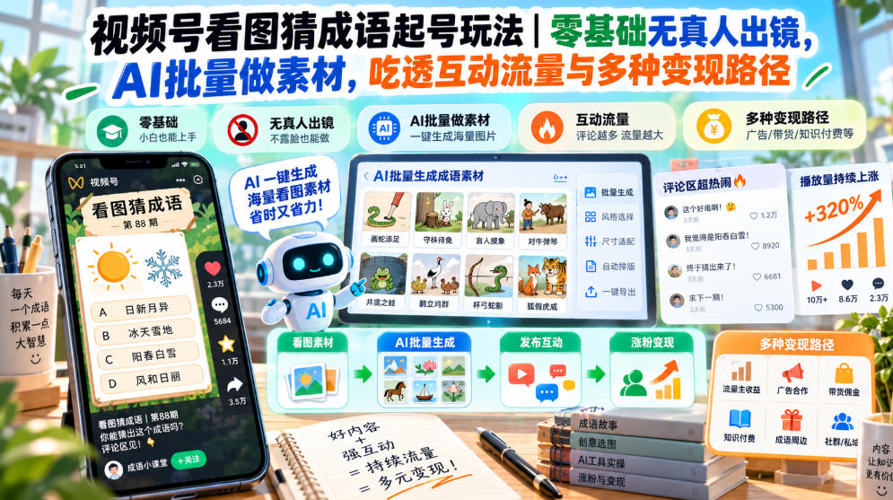 视频号看图猜成语起号玩法|零基础无真人出镜,AI批量做素材,吃透互动流量与多种变现路径-旺仔资源库