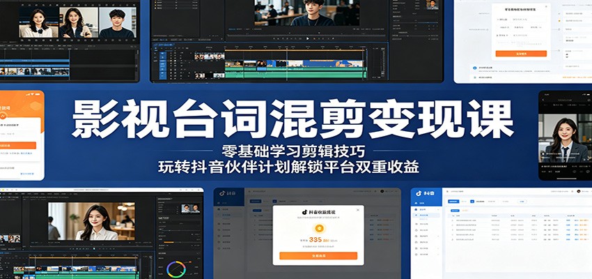 影视台词混剪变现课:零基础学习剪辑技巧,玩转抖音伙伴计划解锁平台双重收益-旺仔资源库