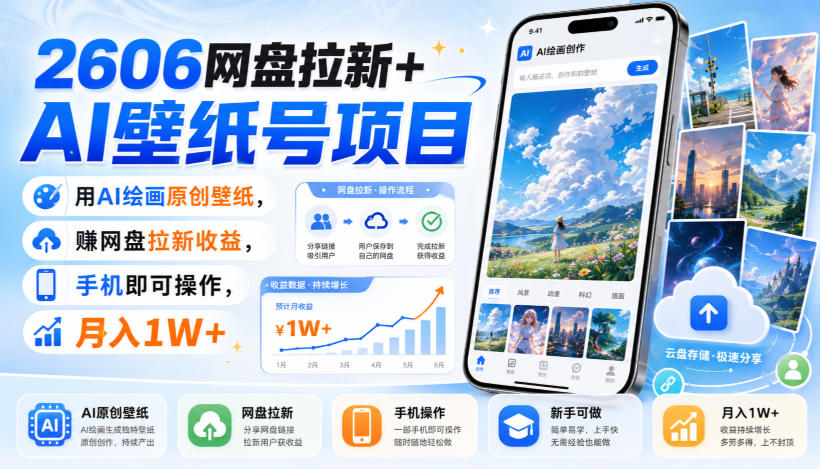 2606网盘拉新+AI壁纸号项目,用AI绘画原创壁纸,賺网盘拉新收益,手机即可操作,月入1W+-旺仔资源库