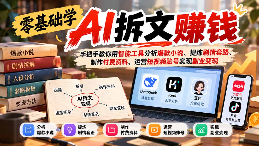 零基础学AI拆文赚钱:手把手教你用智能工具分析爆款小说、提炼剧情套路、制作付费资料、运营短视频账号实现副业变现-旺仔资源库