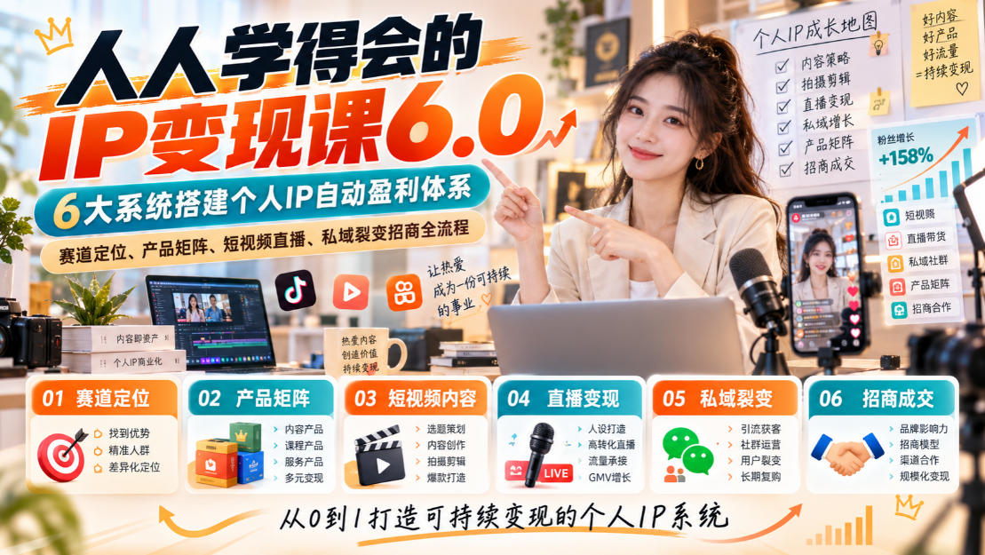 人人学得会的IP变现课6.0，6大系统搭建个人IP自动盈利体系，赛道定位、产品矩阵、短视频直播、私域裂变招商全流程-旺仔资源库
