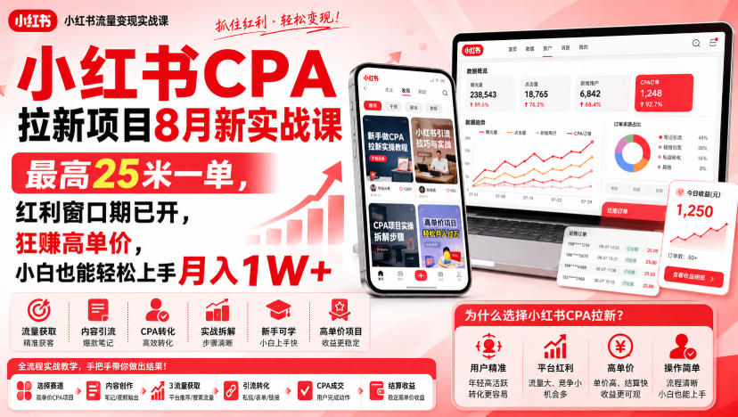 小红书CPA拉新项目8月新实战课,最高25米一单,红利窗口期已开,狂賺高单价,小白也能轻松上手月入1W+-旺仔资源库