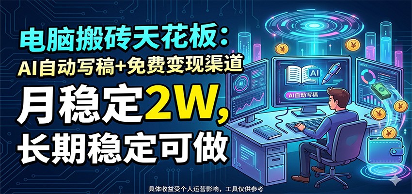 电脑搬砖天花板：AI自动写稿+免费变现渠道，月稳定2W，长期稳定可做-旺仔资源库
