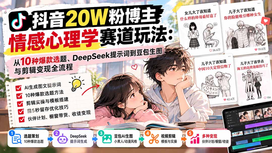 抖音20W粉博主-情感心理学赛道玩法:从10种爆款选题、DeepSeek提示词到豆包生图与剪辑变现全流程-旺仔资源库