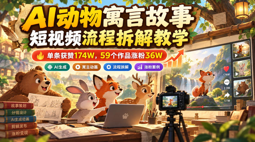AI动物寓言故事短视频流程拆解教学，单条获赞174W，59个作品涨粉36W-旺仔资源库