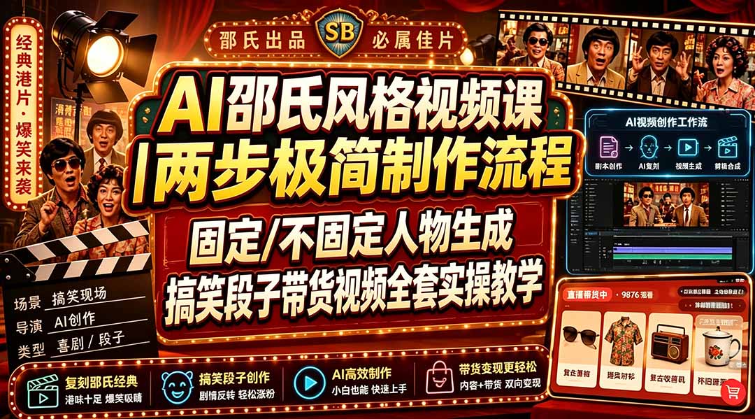 AI邵氏风格视频课｜两步极简制作流程，固定/不固定人物生成，搞笑段子带货视频全套实操教学-旺仔资源库