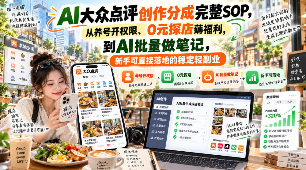 【无水印】AI大众点评创作分成完整SOP，从养号开权限、0元探店薅福利，到AI批量做笔记，新手可直接落地的稳定轻副业-旺仔资源库