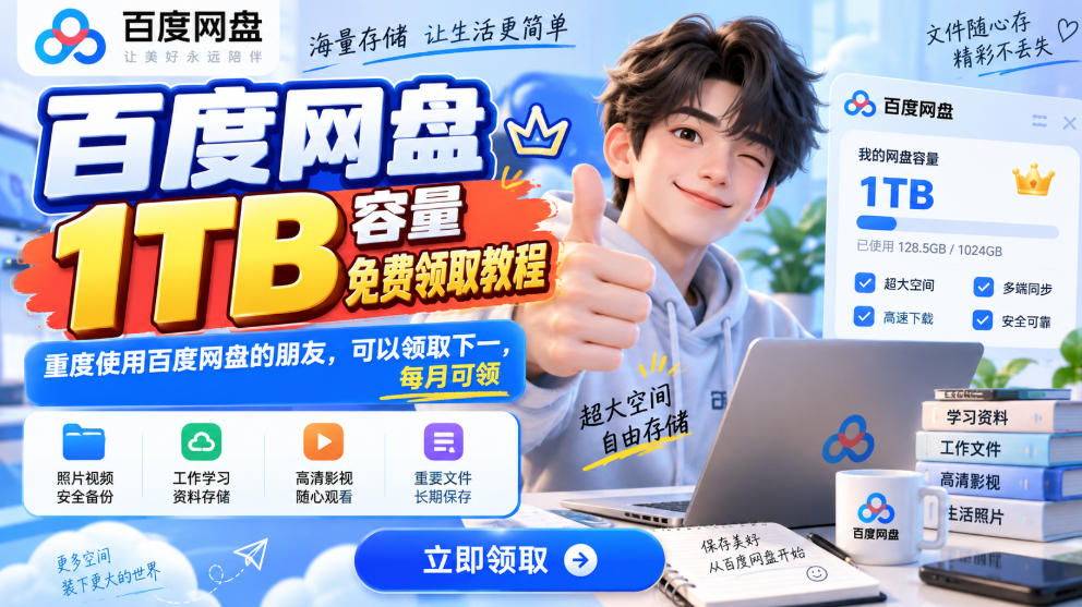 百度网盘1TB容量免费领取教程,重度使用百度网盘的朋友,可以领取下一,每月可领-旺仔资源库