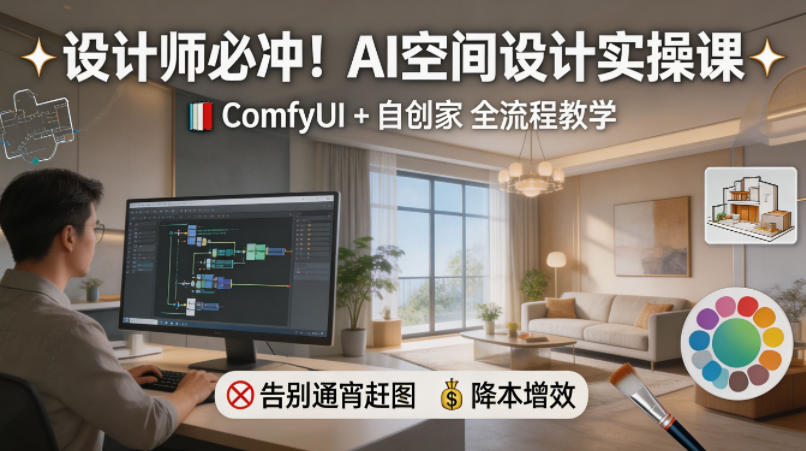 设计师必冲！AI空间设计实操课，ComfyUI+自创家全教学，告别通宵赶图，降本增效-旺仔资源库