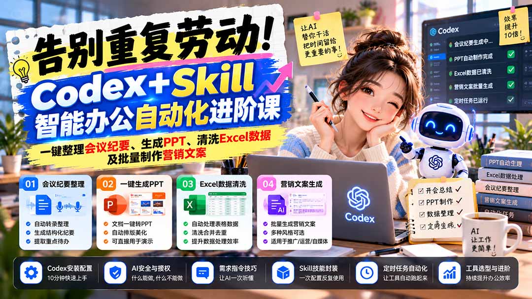告别重复劳动!Codex+Skill智能办公自动化进阶课:一键整理会议纪要、生成PPT、清洗Excel数据及批量制作营销文案-旺仔资源库