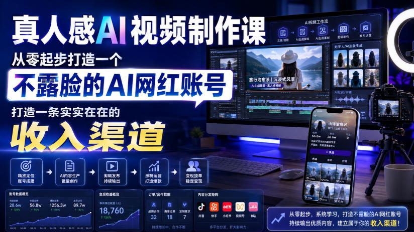 真人感AI视频制作课,从零起步打造一个不露脸的AI网红账号,打造一条实实在在的收入渠道【原创双语字幕】-旺仔资源库