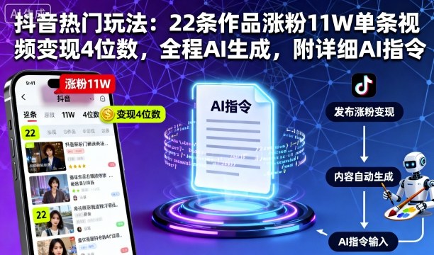 抖音热门玩法：22条作品涨粉11W单条视频变现4位数，全程AI生成，附详细AI指令-旺仔资源库
