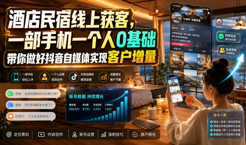 酒店民宿线上获客,一部手机一个人0基础带你做好抖音自媒体实现客户增量-旺仔资源库