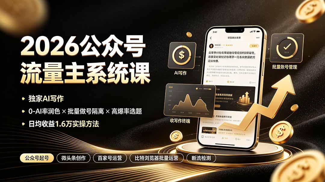 2026公众号流量主系统课:独家AI写作×0-AI率润色×批量做号隔离×高爆率选题,日均收益1.6万实操方法-旺仔资源库