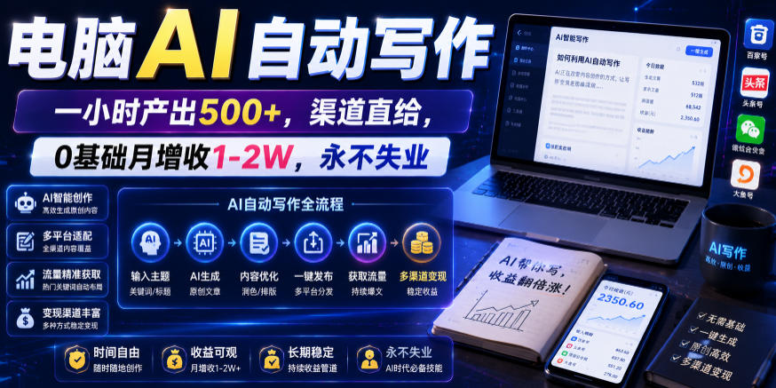 电脑AI自动写作,一小时产出500+,渠道直给,0基础月增收1-2W,永不失业【揭秘】-旺仔资源库