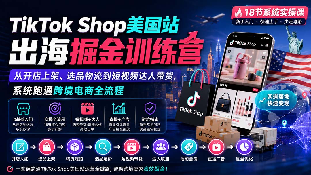 TikTok Shop美国站出海掘金训练营：从开店上架、选品物流到短视频达人带货，系统跑通跨境电商全流程-旺仔资源库
