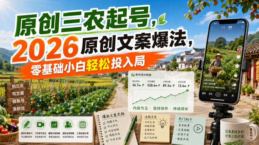 原创三农起号,2026原创文案爆法,零基础小白轻松投入局-旺仔资源库