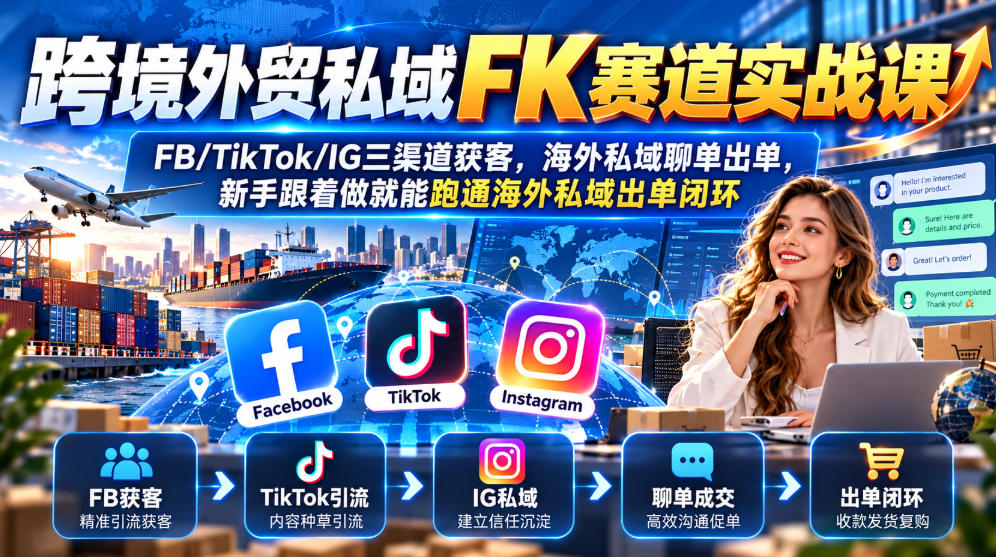 跨境外贸私域FK赛道实战课|FB/TikTok/IG三渠道获客,海外私域聊单出单,新手跟着做就能跑通海外私域出单闭环-旺仔资源库