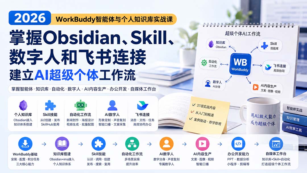 2026 WorkBuddy智能体与个人知识库实战课:掌握Obsidian、Skill、数字人和飞书连接,建立AI超级个体工作流-旺仔资源库