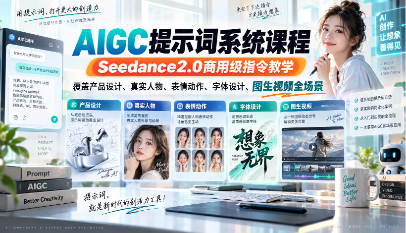 AIGC提示词系统课程，Seedance2.0商用级指令教学，覆盖产品设计、真实人物、表情动作、字体设计、图生视频全场景-旺仔资源库