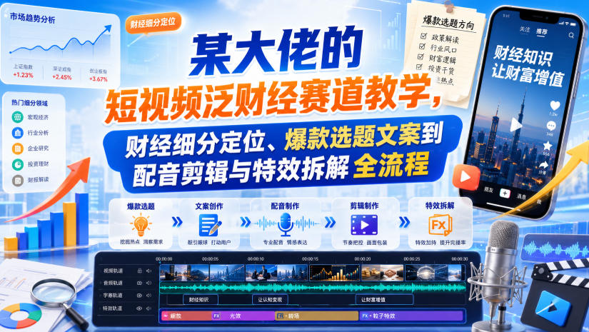 某大佬的短视频泛财经赛道教学，财经细分定位、爆款选题文案到配音剪辑与特效拆解全流程-旺仔资源库