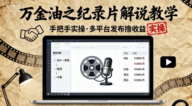 万金油之纪录片解说教学，手把手教你，完全实操，多平台发布撸收益-旺仔资源库