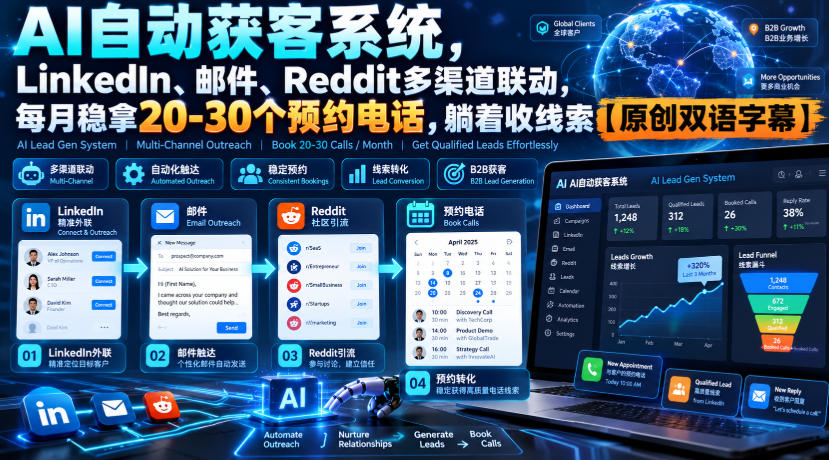 【无水印】AI自动获客系统,LinkedIn、邮件、Reddit多渠道联动,每月稳拿20-30个预约电话,躺着收线索【原创双语字幕】-旺仔资源库