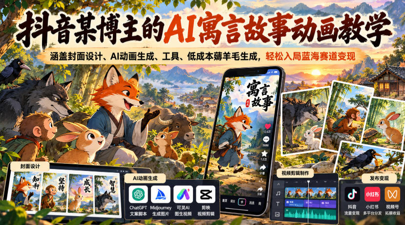 抖音某博主的AI寓言故事动画教学，涵盖封面设计、AI动画生成、工具、低成本薅羊毛生成，轻松入局蓝海赛道变现-旺仔资源库
