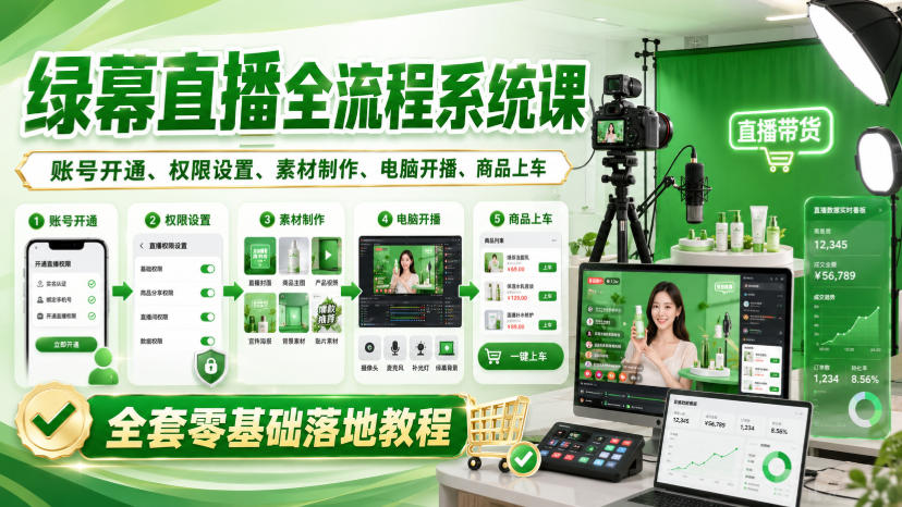 绿幕直播全流程系统课，账号开通、权限设置、素材制作、电脑开播、商品上车全套零基础落地教程-旺仔资源库