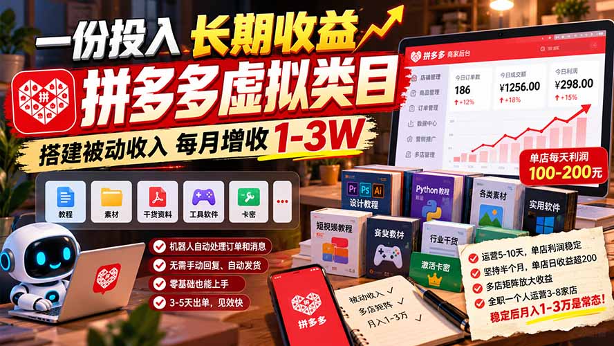 一份投入长期收益，拼多多虚拟类目，搭建被动收入每月增收 1-3W-旺仔资源库