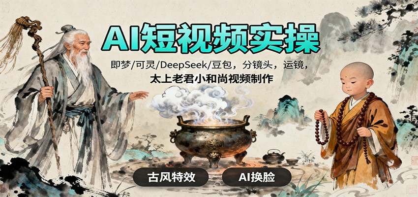 AI短视频实操,即梦/可灵/DeepSeek/豆包,分镜头,运镜,太上老君小和尚视频制作-旺仔资源库