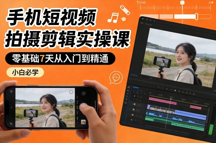 手机短视频拍摄剪辑实操课，零基础7天从入门到精通，小白必学-旺仔资源库