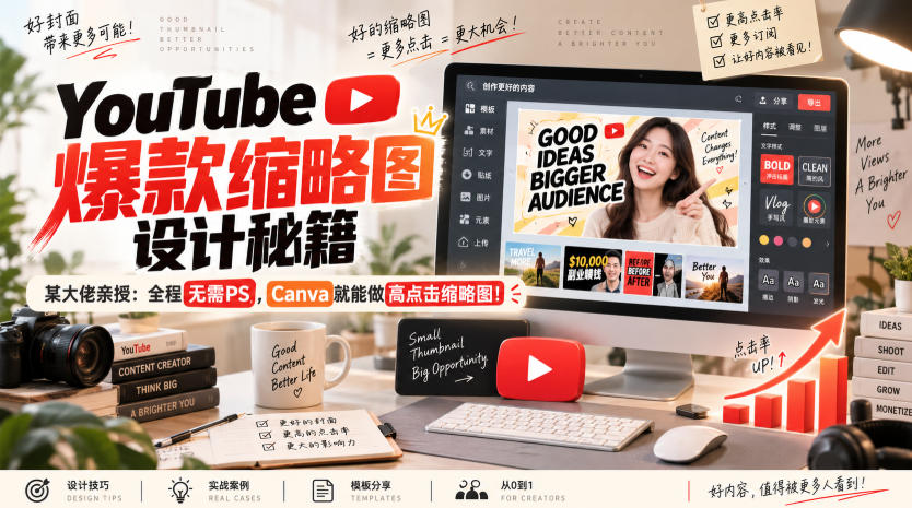 YouTube爆款缩略图设计秘籍，某油管大佬(610万订阅者)亲授，全程无需PS，Canva就能做高点击缩略图！【原创双语字幕】-旺仔资源库
