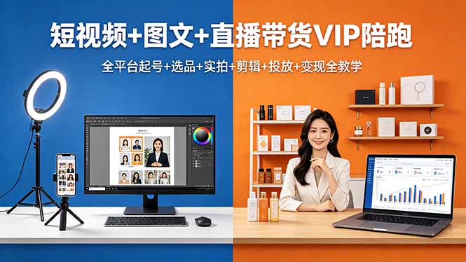 短视频+图文+直播带货VIP陪跑，全平台起号+选品+实拍+剪辑+投放+变现全教学-旺仔资源库