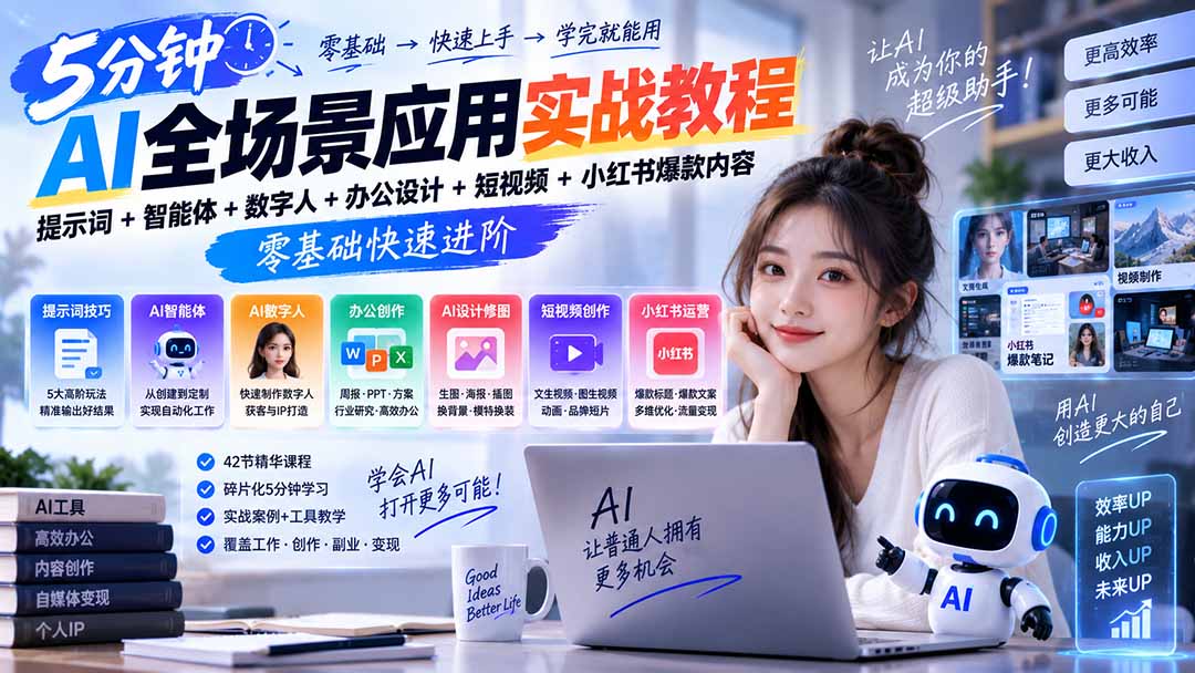 AI全场景应用实战教程｜提示词+智能体+数字人+办公设计+短视频+小红书爆款内容，零基础快速进阶-旺仔资源库
