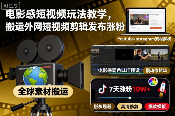 电影感短视频玩法教学,搬运外网短视频剪辑发布涨粉-旺仔资源库