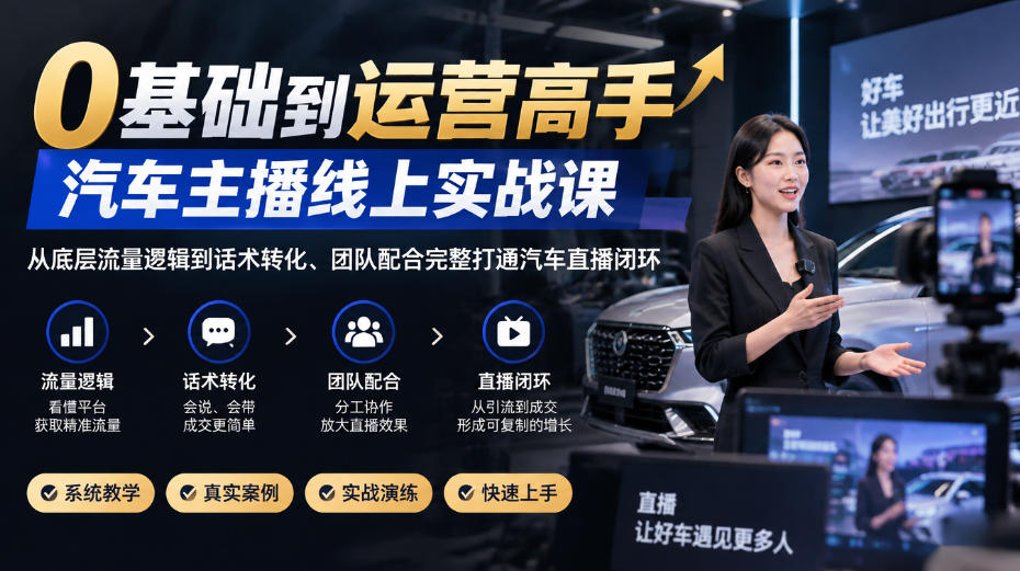 0基础到运营高手，汽车主播线上实战课，从底层流量逻辑到话术转化、团队配合完整打通汽车直播闭环-旺仔资源库