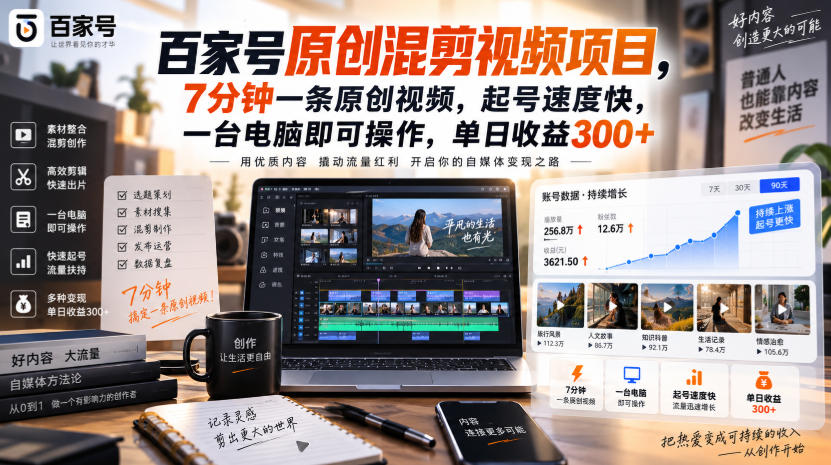 百家号原创混剪视频项目，7分钟一条原创视频，起号速度快，一台电脑即可操作，单日收益300+-旺仔资源库