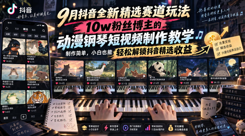 9月抖音全新精选赛道玩法,10w粉丝博主的动漫钢琴短视频制作教学,制作简单,小白也能轻松解锁抖音精选收益-旺仔资源库