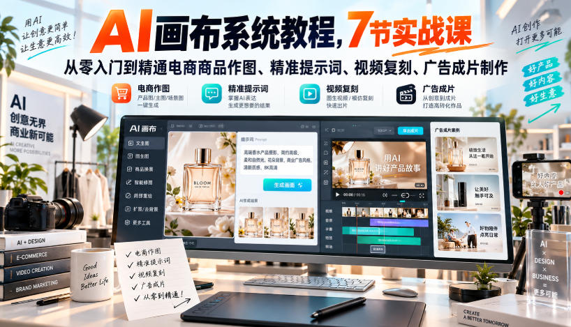 AI画布系统教程，7节实战课从零入门到精通电商商品作图、精准提示词、视频复刻、广告成片制作-旺仔资源库
