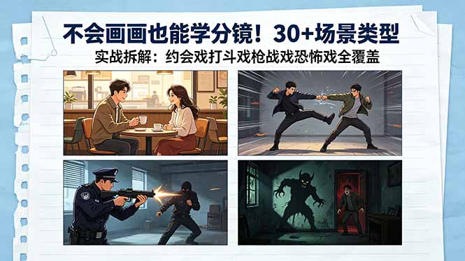 不会画画也能学分镜！30+场景类型实战拆解：约会戏打斗戏枪战戏恐怖戏全覆盖-旺仔资源库