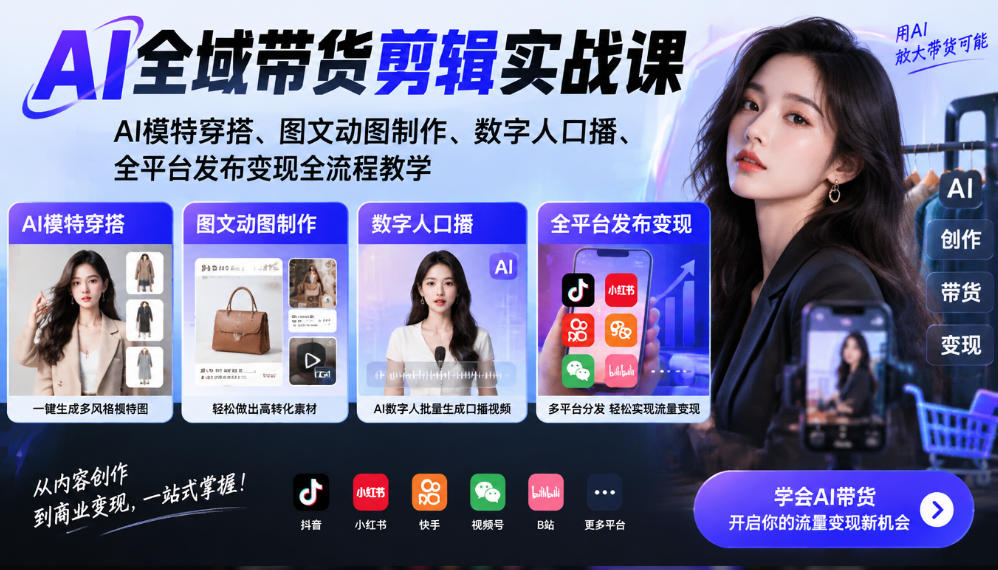AI全域带货剪辑实战课|AI模特穿搭、图文动图制作、数字人口播、全平台发布变现全流程教学-旺仔资源库