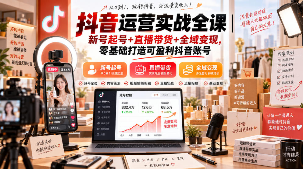 抖音运营实战全课|新号起号+直播带货+全域变现,零基础打造可盈利抖音账号-旺仔资源库