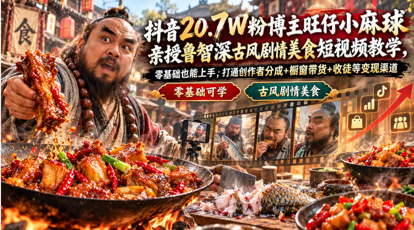 抖音20.7W粉博主旺仔小麻球亲授鲁智深古风剧情美食短视频教学,零基础也能上手,打通创作者分成+橱窗带货+收徒等变现渠道-旺仔资源库